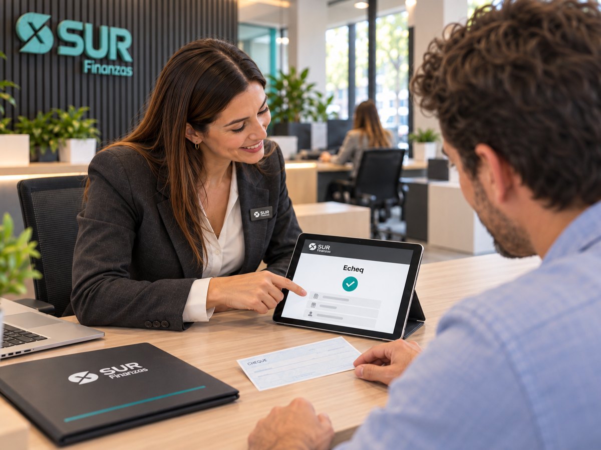 Una asesora de Sur Finanzas mostrándole a un cliente un Echeq acreditado en la tablet