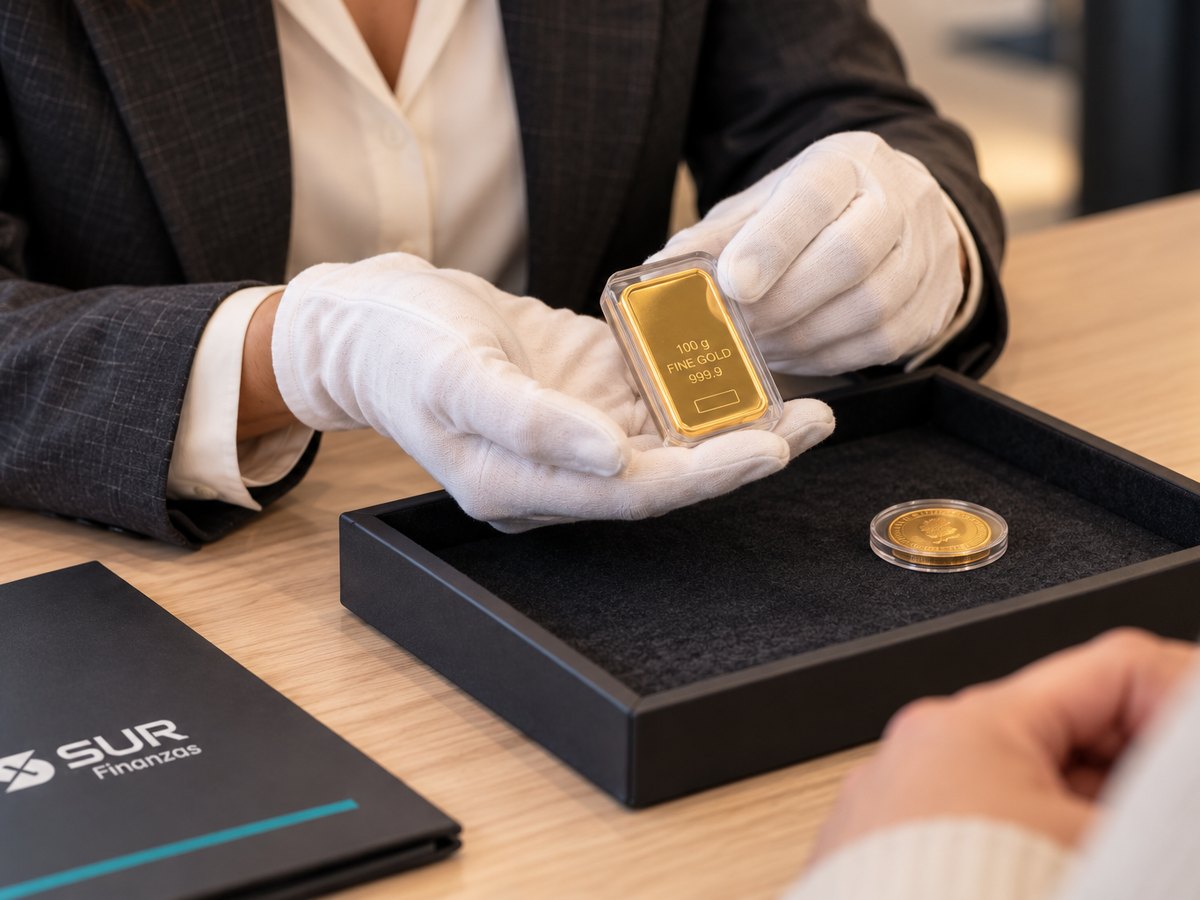 Una tasadora de Sur Finanzas con guantes sosteniendo un lingote de oro junto a una moneda, sobre la bandeja de tasación