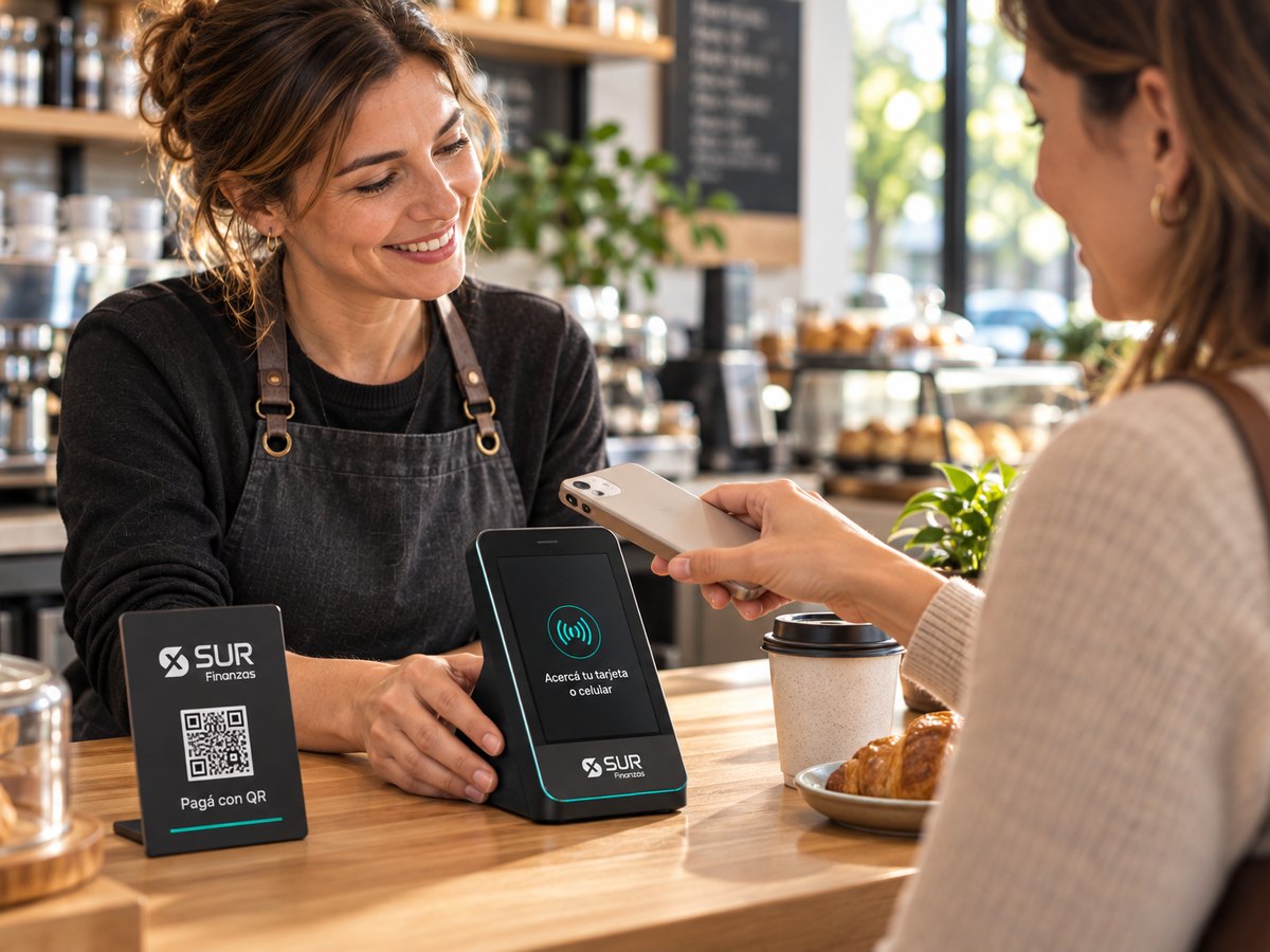 Una clienta pagando con el celular en el mostrador de un café, con la terminal y el QR de Sur Finanzas