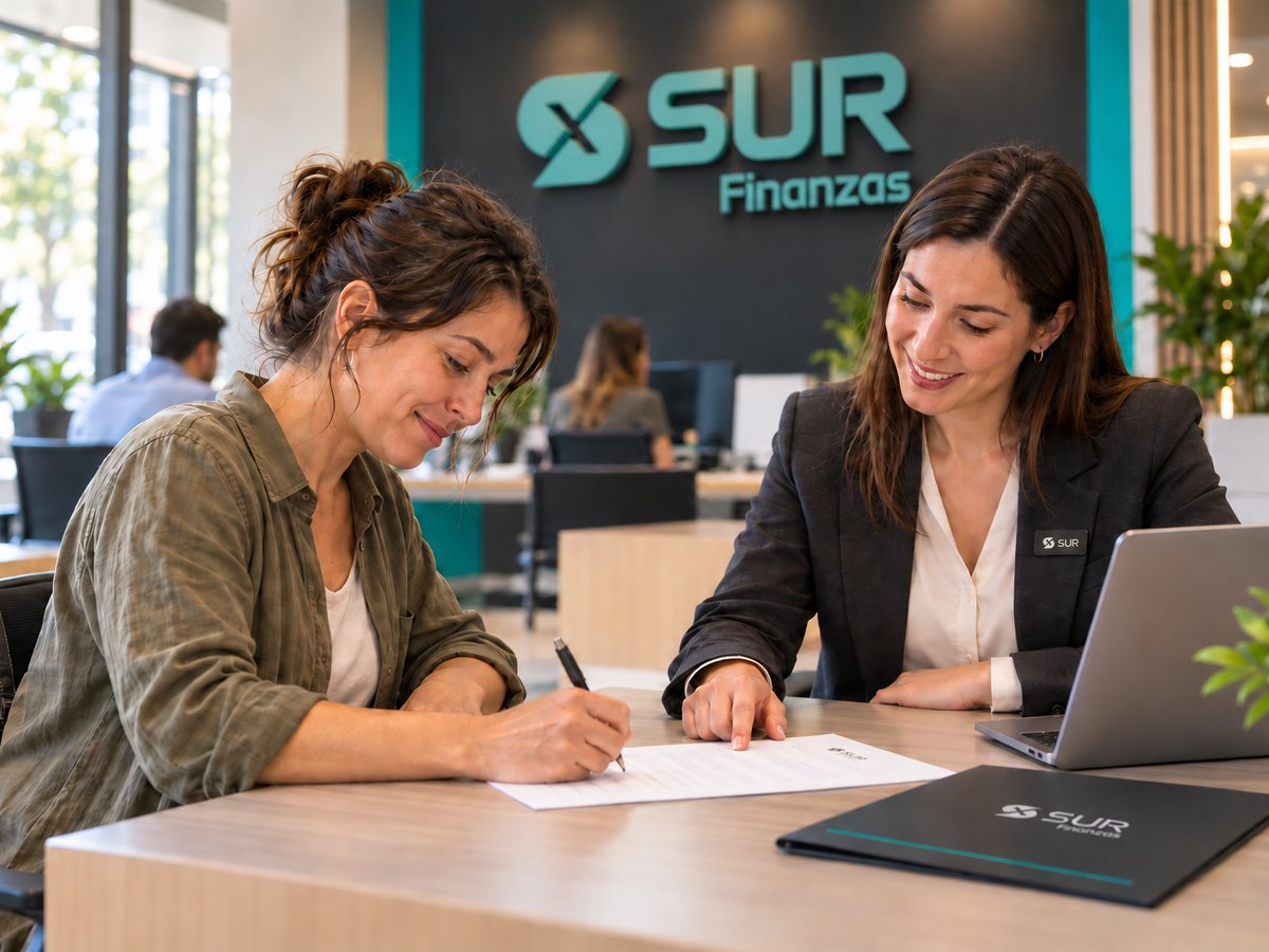 Una clienta firmando su solicitud de crédito junto a una asesora de Sur Finanzas